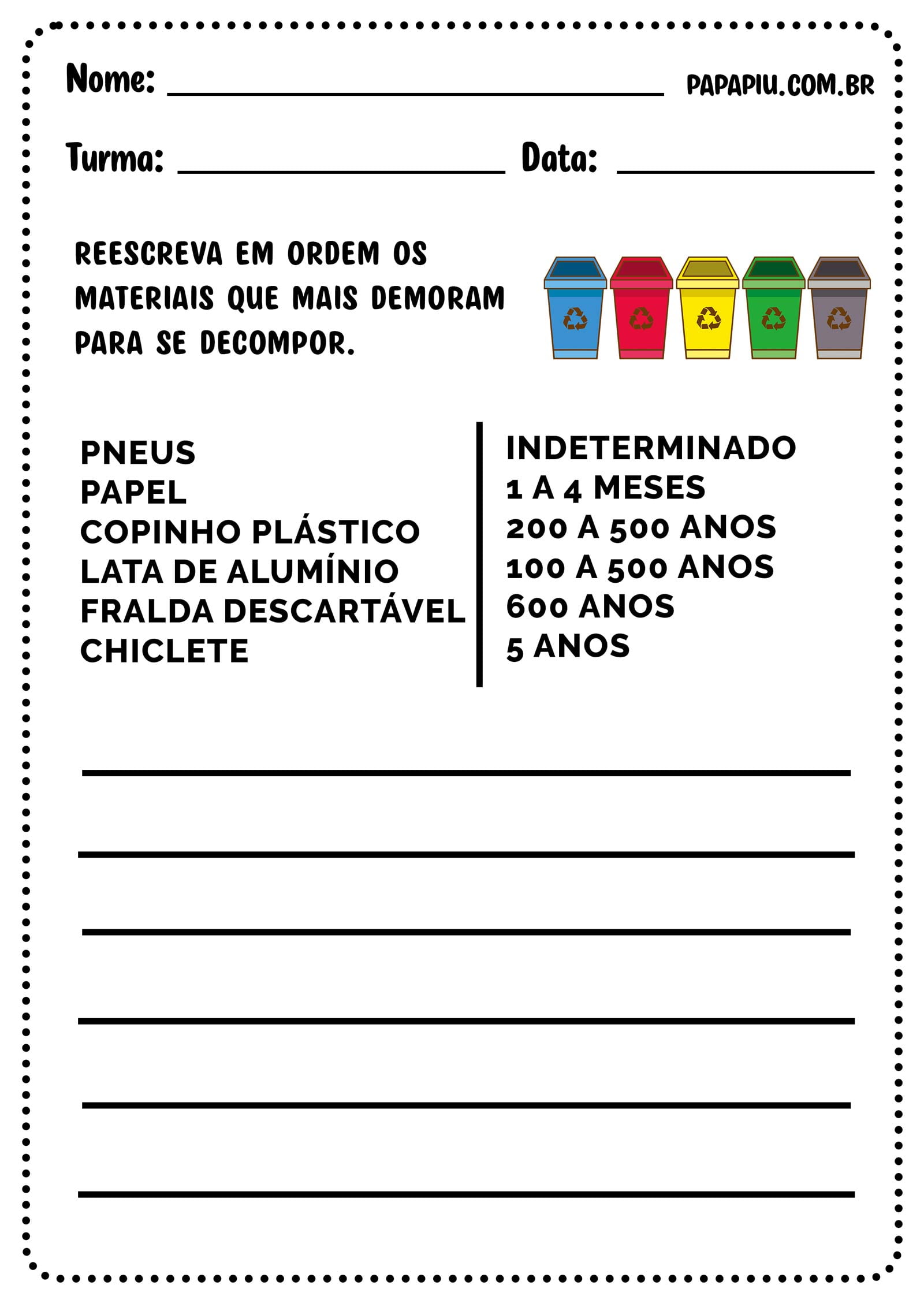 Atividades sobre reciclagem