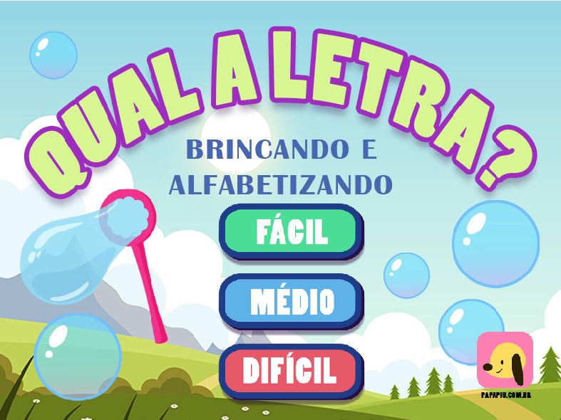 Tela do jogo educativo de alfabetização "Escrevendo com bolhas"